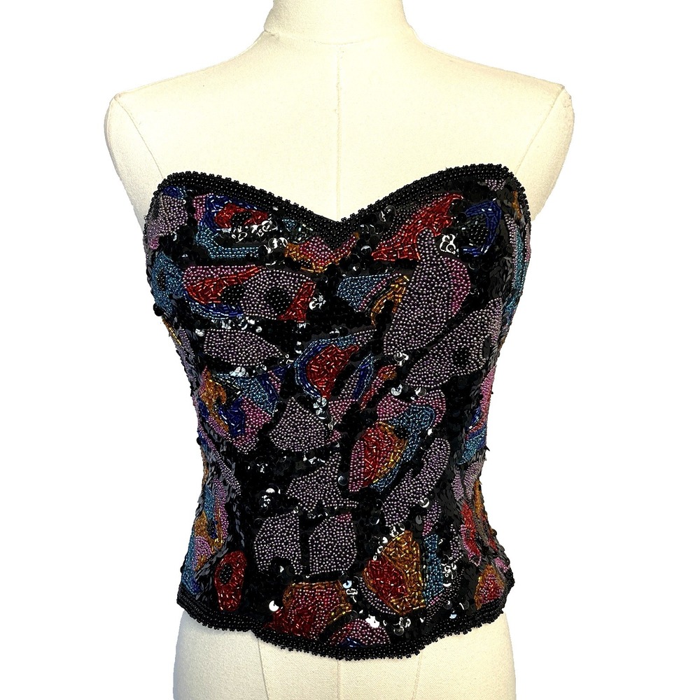 Vintage Black Tie Sequin Beaded 100% Silk Formal Corset Bustier Size S Glam Rock